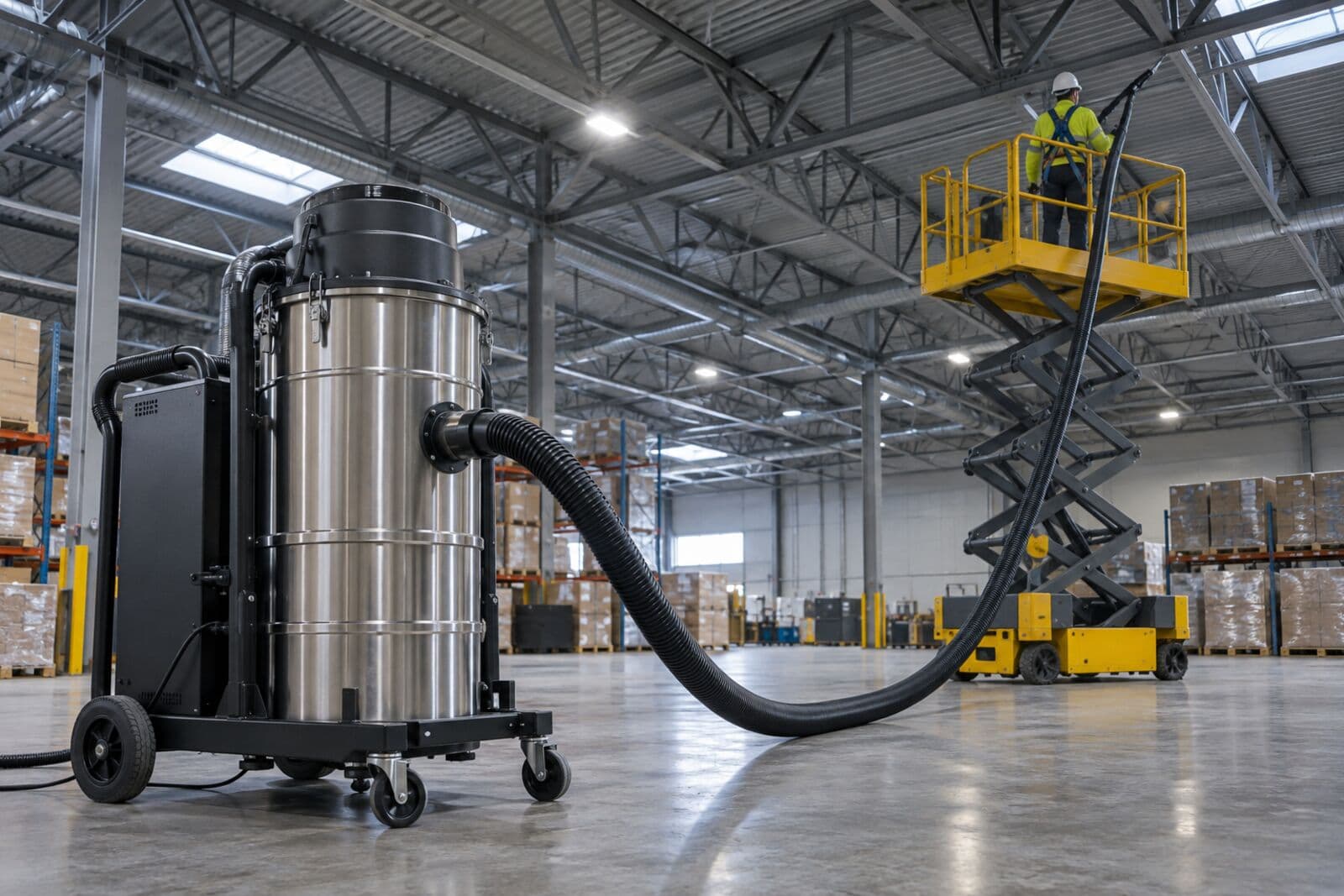 Industrial HEPA vacuum on a warehouse floor with its hose running up to a lift basket