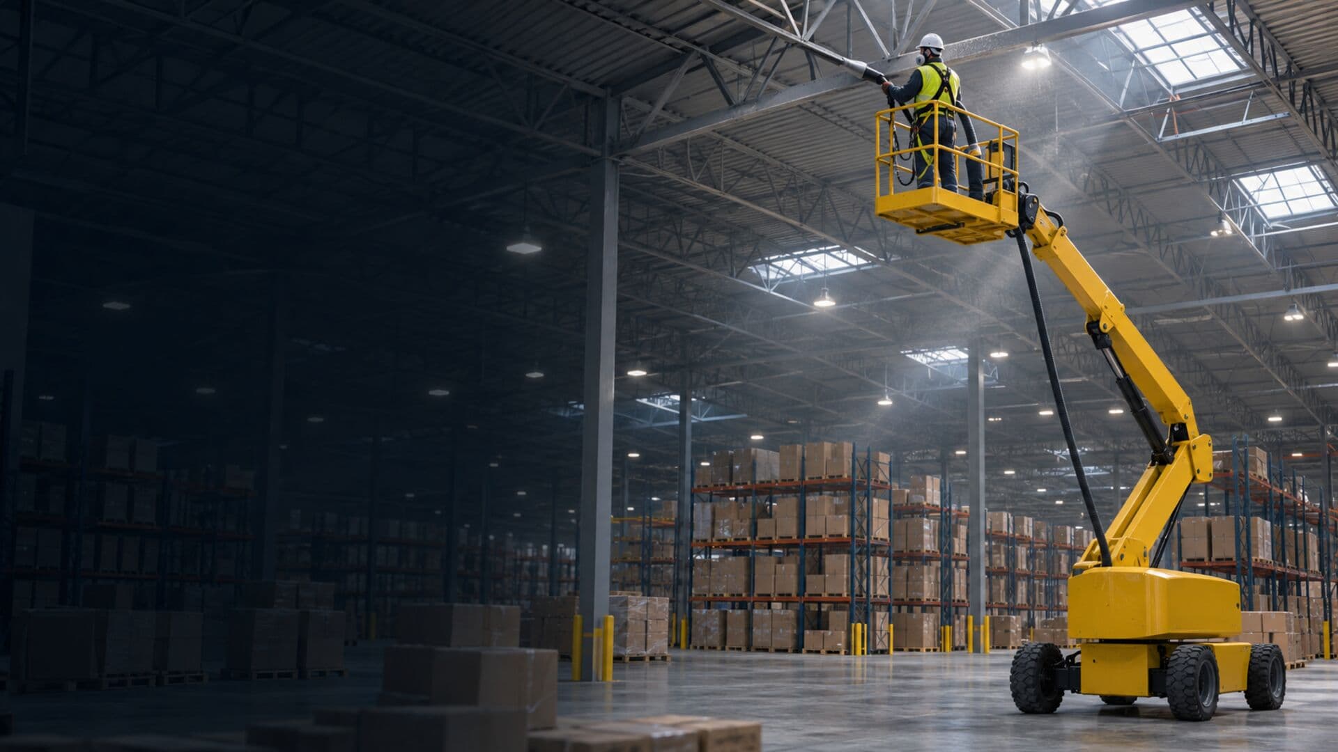Yellow boom lift raised to the roof trusses of a large distribution warehouse