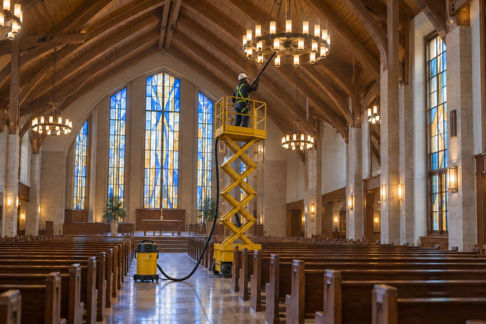 Church sanctuary with a tall vaulted wooden ceiling, chandeliers and pews