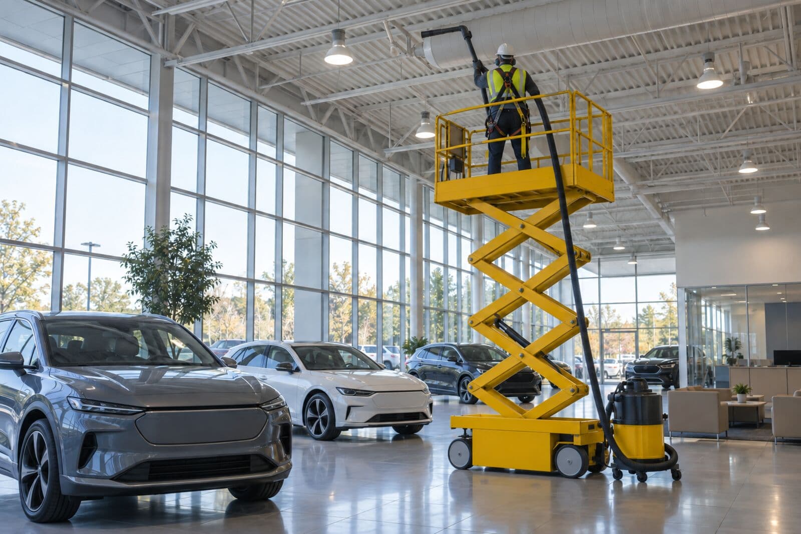 Car dealership showroom with tall glass walls and a lift near the ceiling lights