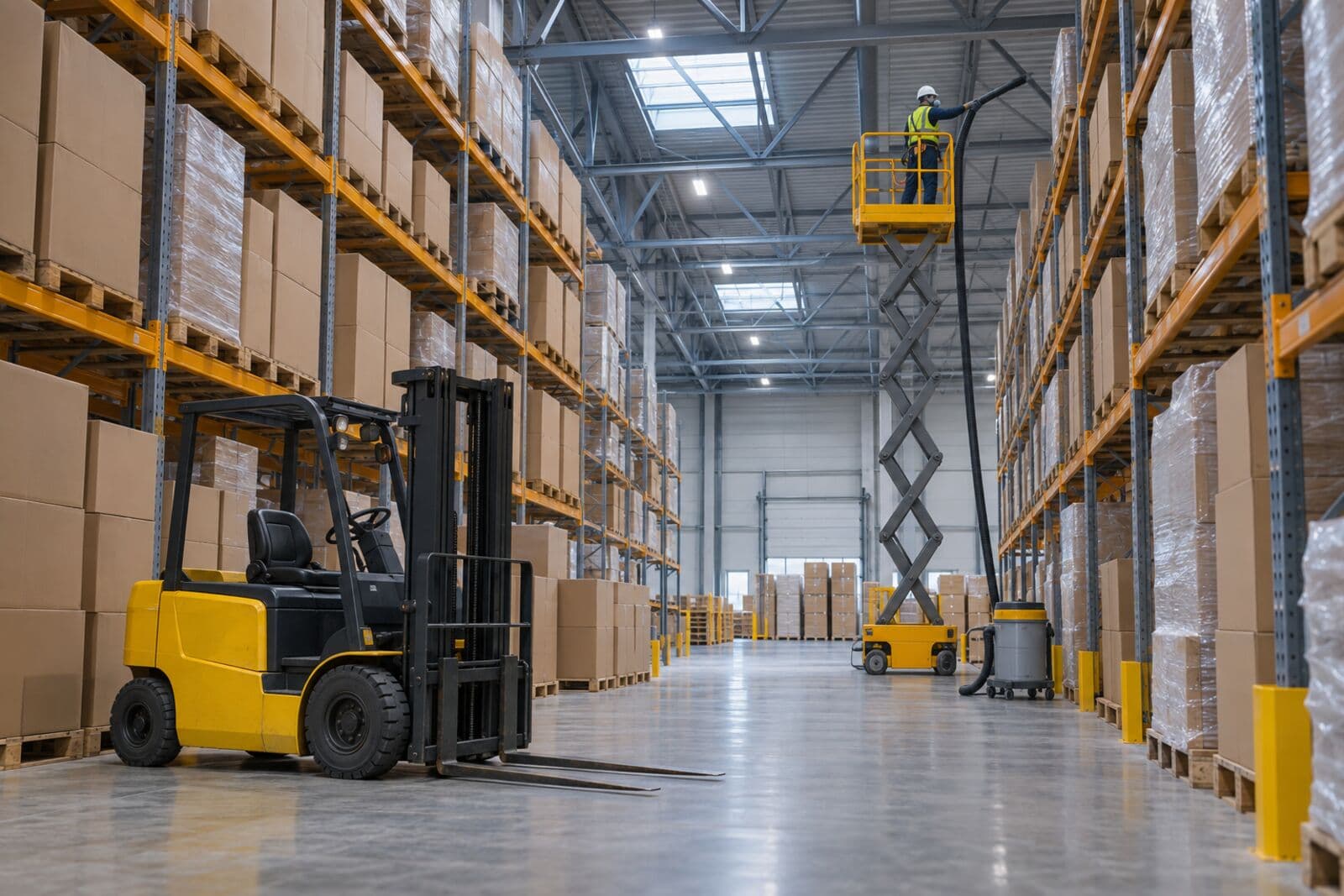 Tall pallet racking along a wide warehouse aisle under a high steel roof