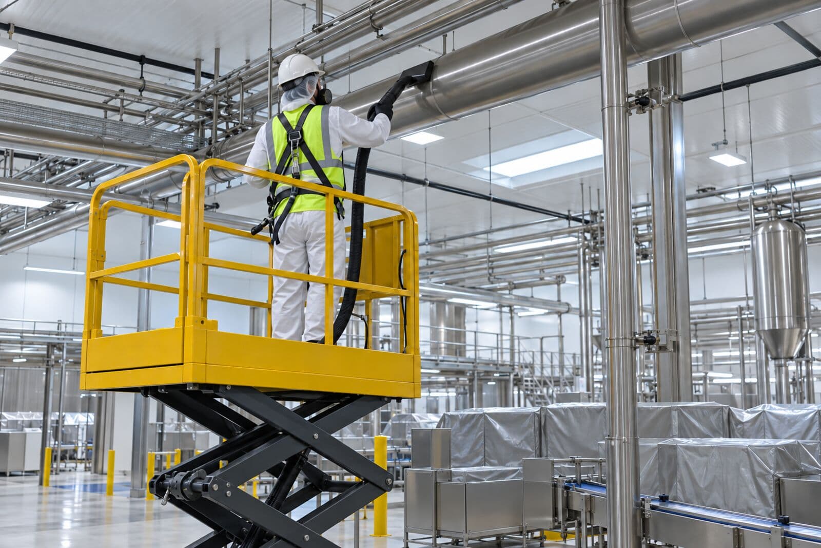 Worker in white coveralls on a lift cleaning overhead pipes in a stainless food plant