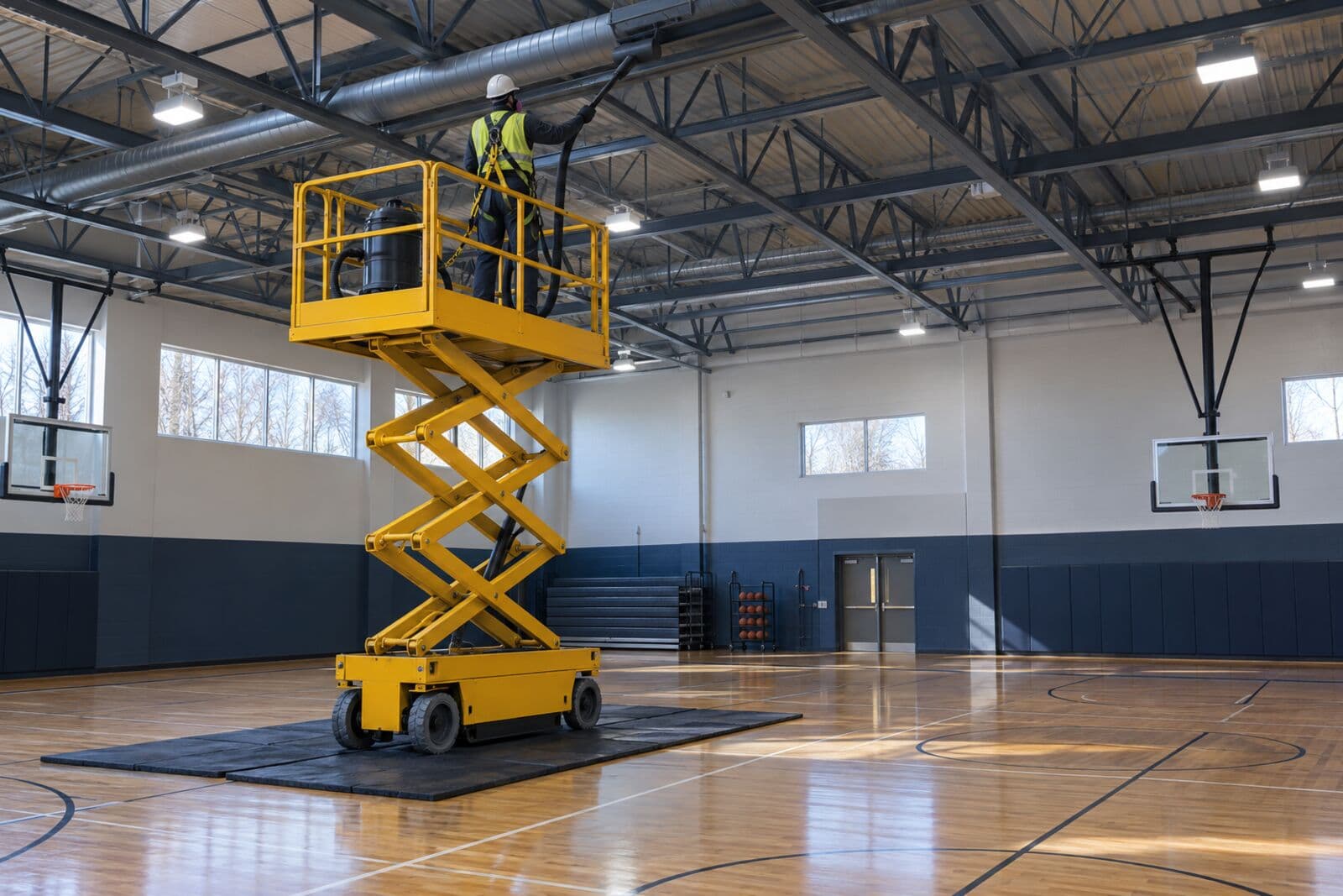 School gymnasium with an exposed steel ceiling and a lift standing on floor mats