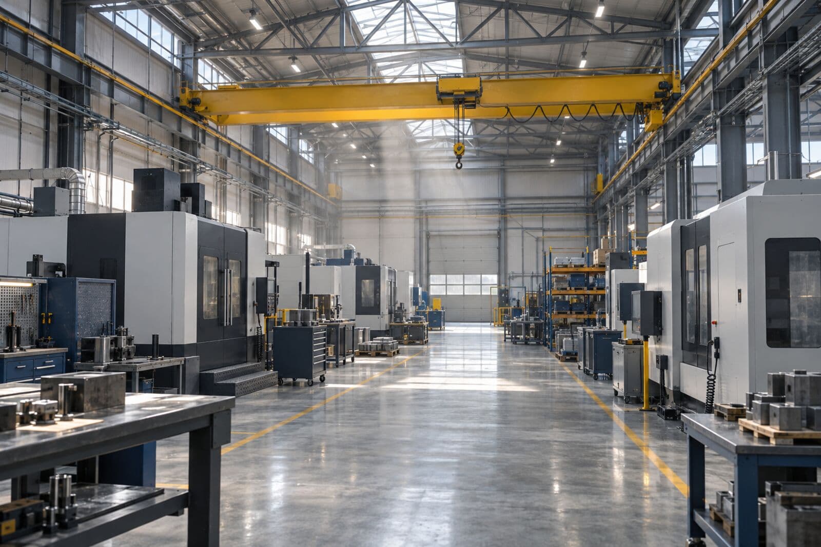 Factory floor with machinery under steel roof trusses and an overhead crane rail