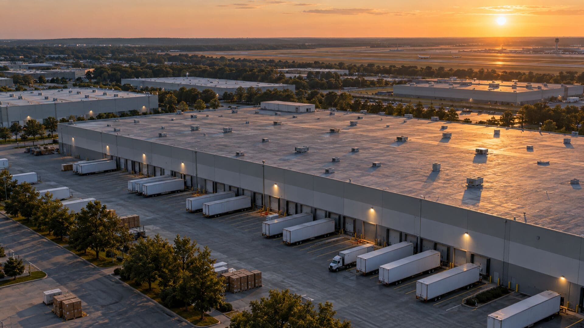 Aerial view of flat-roofed warehouses and truck docks near an airport runway