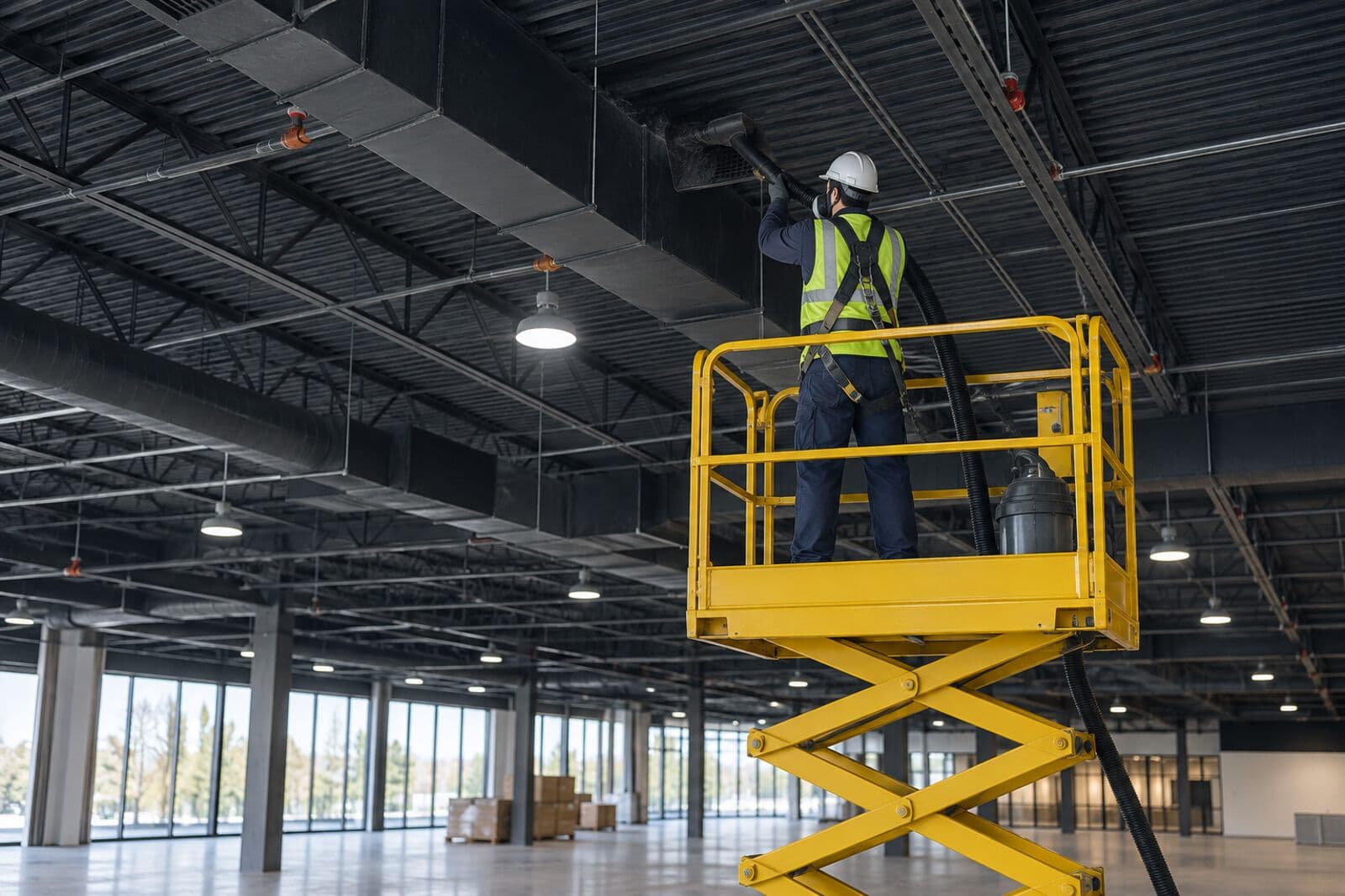 Scissor lift under an exposed black ceiling with ducts and sprinkler pipes