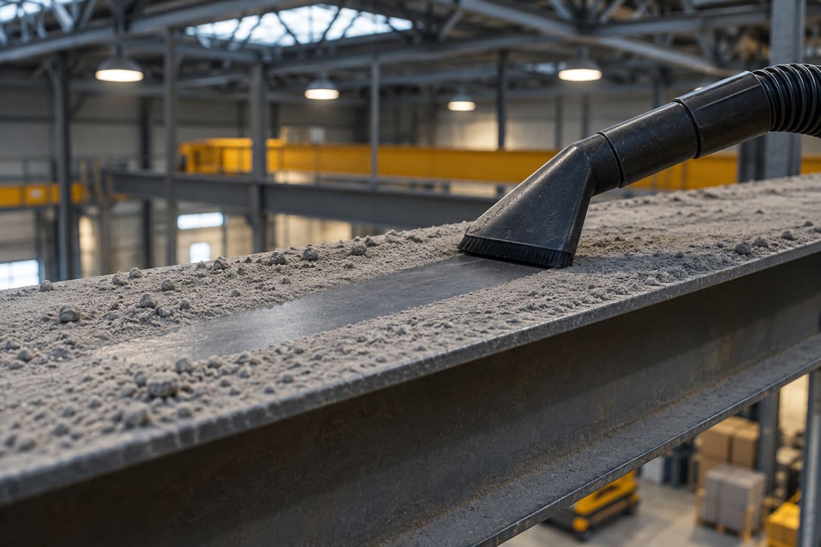 HEPA vacuum nozzle clearing a thick layer of grey dust from a steel beam