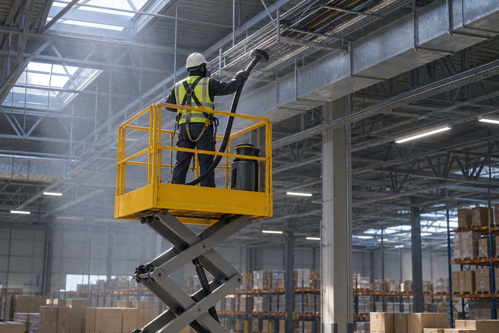 Worker on a scissor lift vacuuming overhead ductwork and conduit in a warehouse