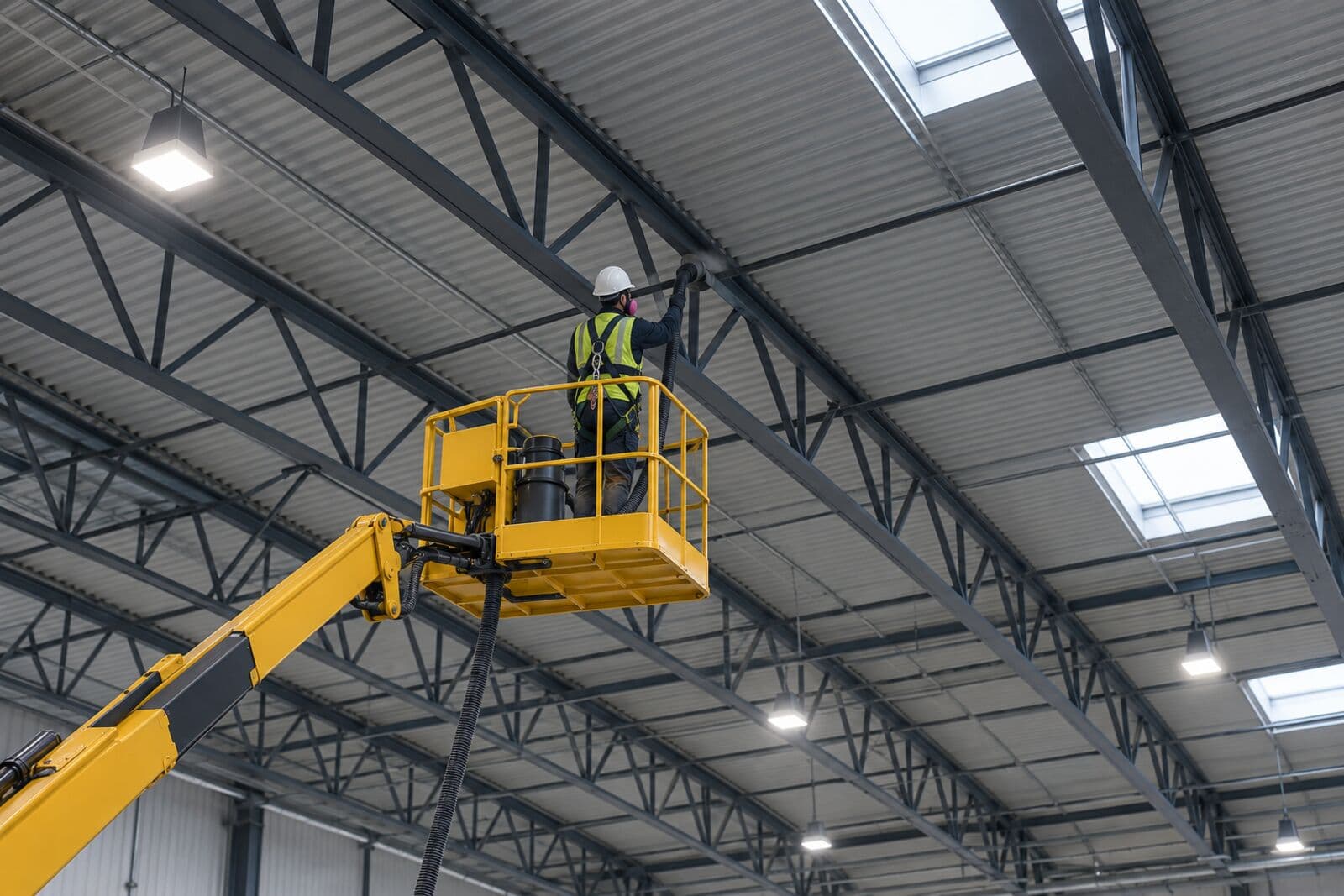 Worker in a lift basket between open-web steel roof joists in a warehouse